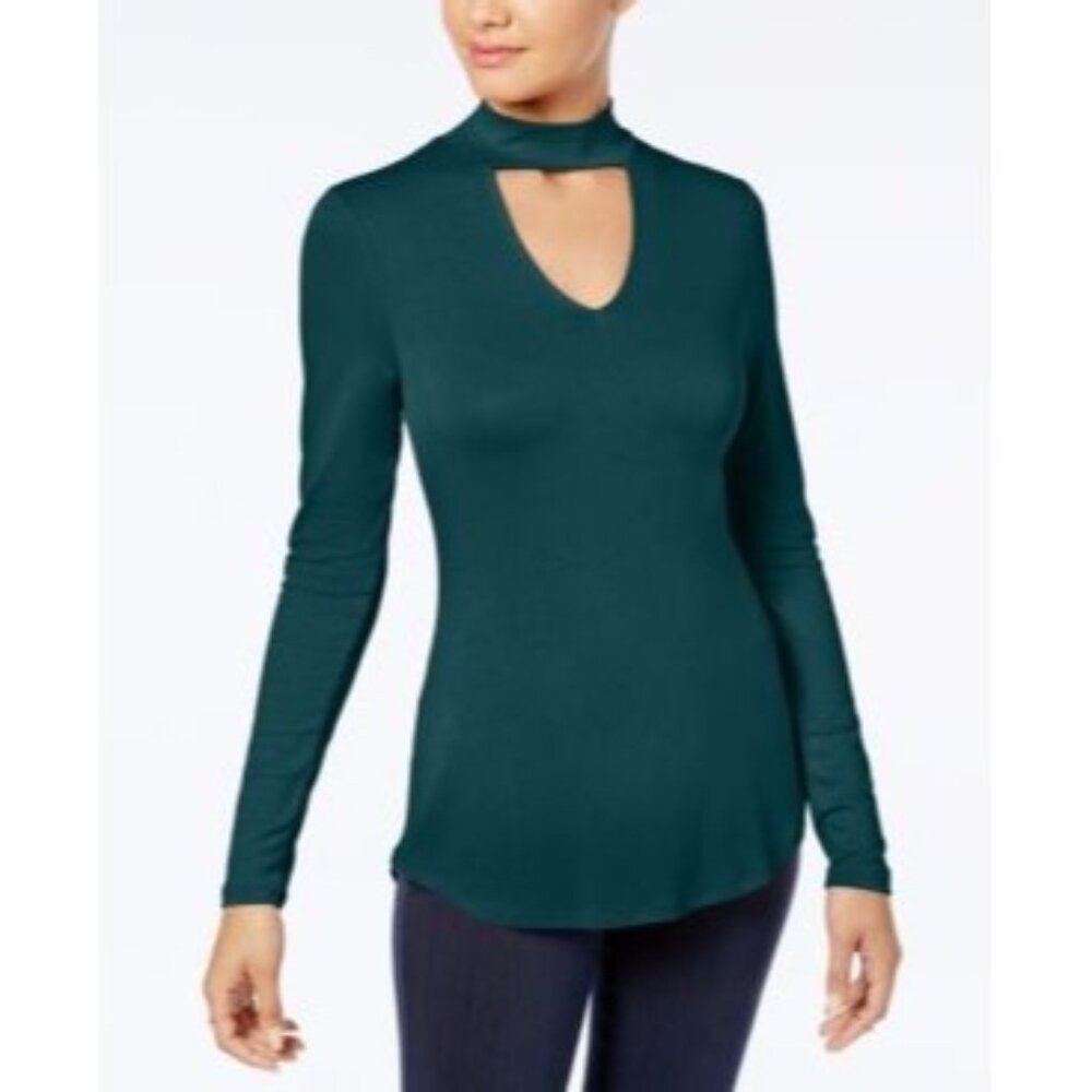 Ultra Flirt Juniors' Cutout Mock-Neck  Hi-Low Hemline Top, Deep Teal, Sz. M